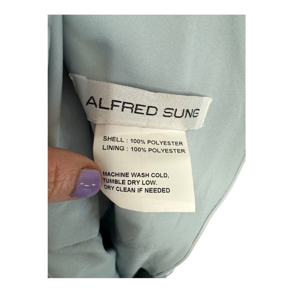 Alfred Sung Satin Twill V-Neck Pleated Skirt Cocktail Dress in Blue Mist D768 0R - Picture 4 of 14